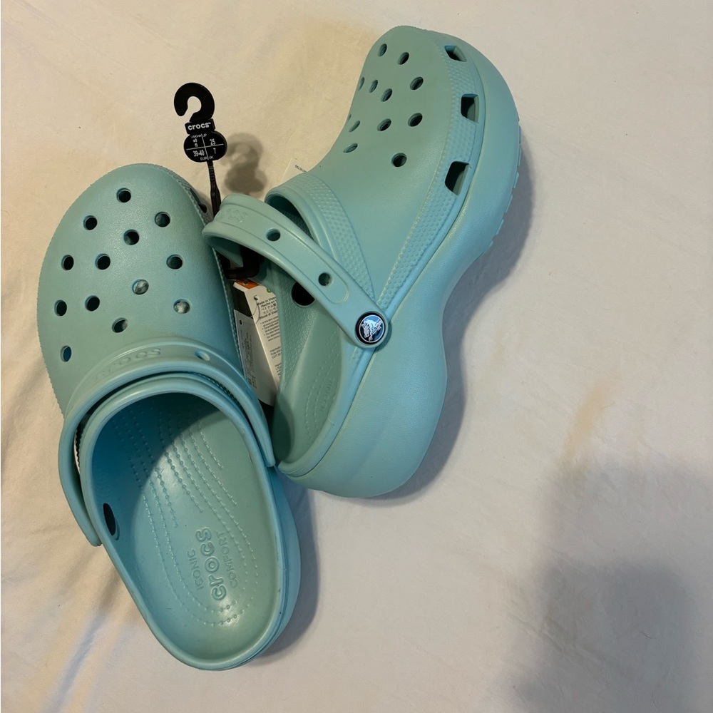 Blue platform crocs